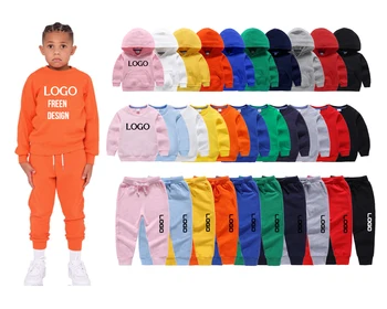 Conyson Cotton Lovely Children Plain Solid Color 2pcs Set Fashion Custom wholesale hoodies LOGO Tracksuit Child Clothing Set