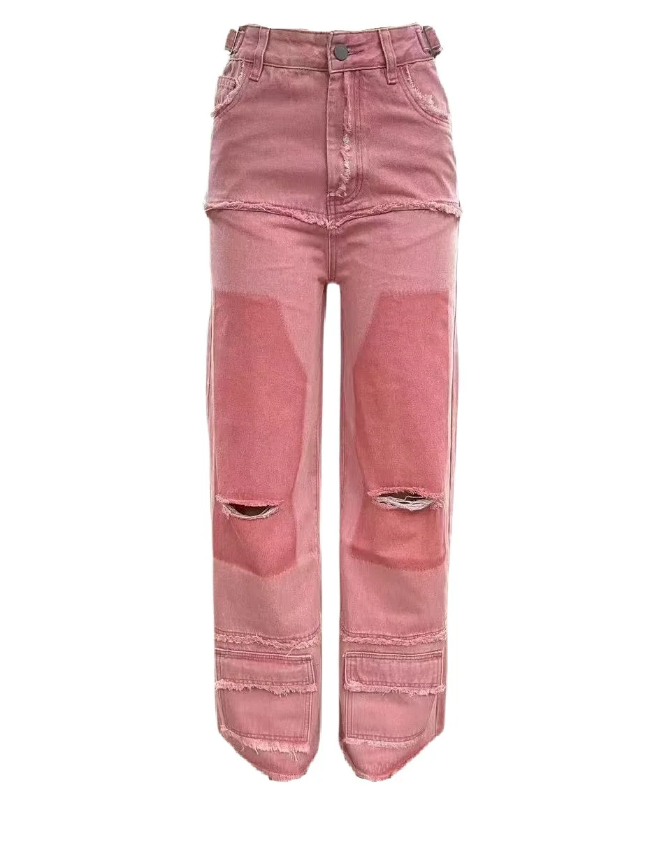 American Style High Street Fashionable Ripped Personality Solid Color Vintage Boot Cut Pants