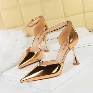 Women's Lacquer Leather High Heel Nightclub Sandals Slim Summer Shallow Mouth Pointed Shoes Lace-Up Closure Sexy Thin for Autumn