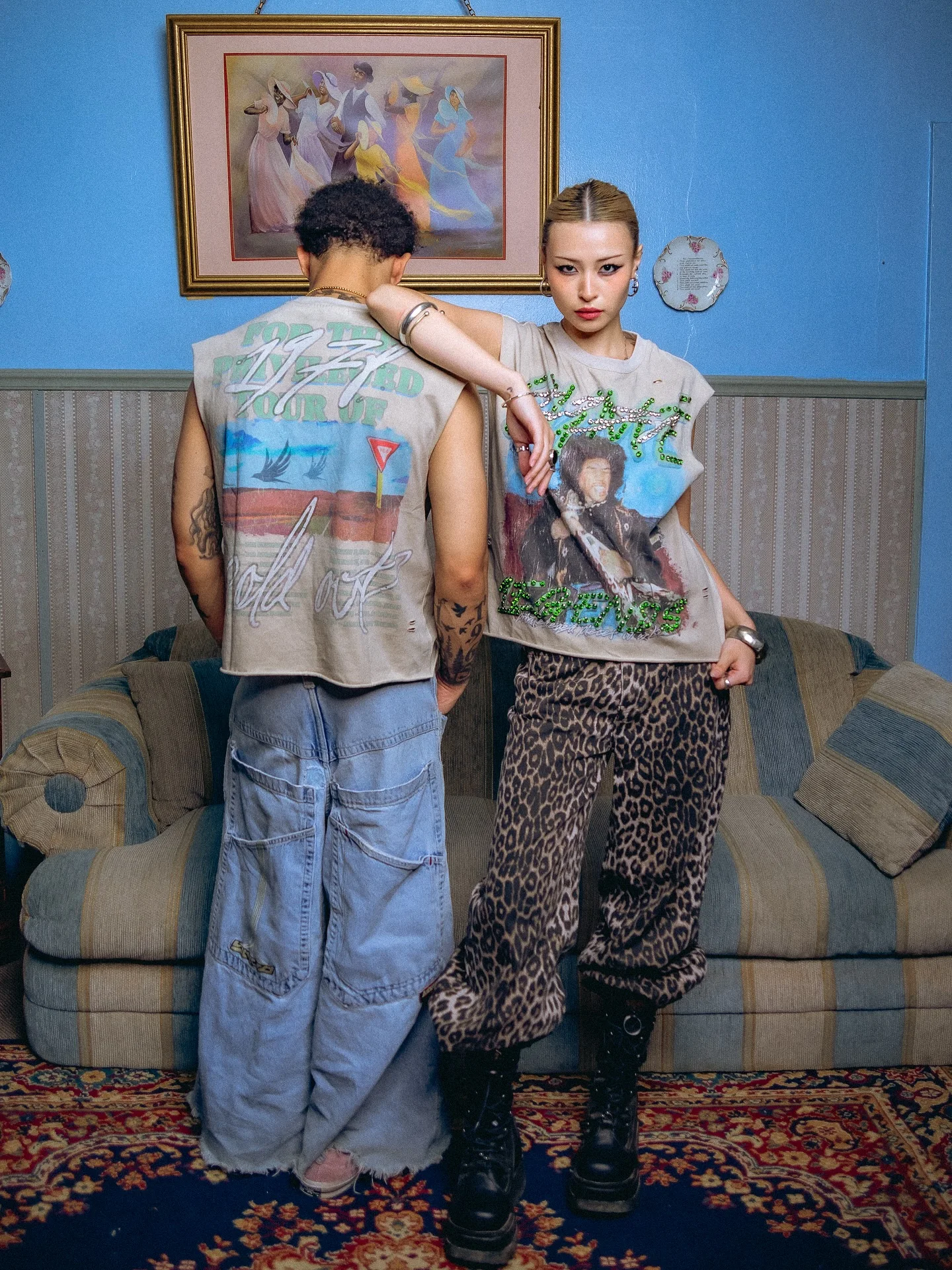 Men's Sun Faded Street Sleeveless Vest Custom Antique Graphic T-shirt Rhinestone Studs DTG Printed 200 Gram Fabric Weight Crop gallery 2