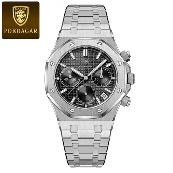 POEDAGAR Watch for Men 926 Silver Black Stainless Steel Quartz Mens Watches Luxury Multifunctional Chronograph Man Clock Wrist