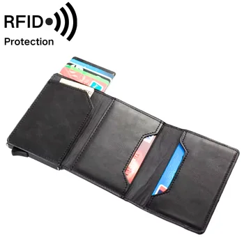 RFID blocking metal slim  pu leather custom wallet case leather ID card holder for Men