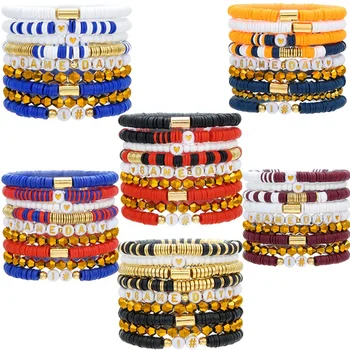 Fashion Enamel Alloy Football Team Bangles Rugby GAME DAY Soft Clay Beaded Elastic Bracelet Set