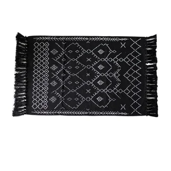Bathroom Hand-Woven Cotton Rug, Black and White with Tassel Washable Rug for The Door of Kitchen, Laundry and Bedroom