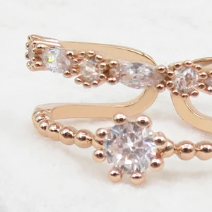 Rose Gold PVD Modern Open Cuff Ring Copper Brass Base Zircon Stones Hypoallergenic Certified Women Daily Wear Waterproof Jewelry