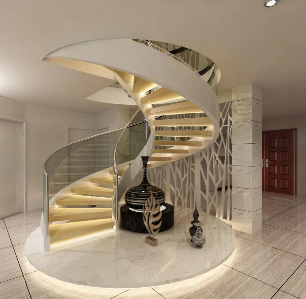 American style luxury powder coated curved stringer wood step with led lights spiral stairs with glass railing from China