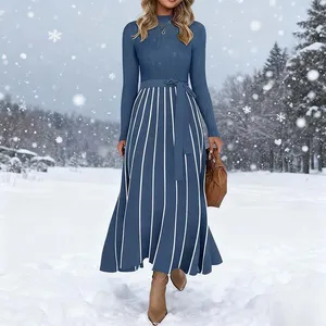 Women's 2026 Fall Casual Midi Dresses New Turtleneck Long Sleeve Sweater Dress Tie Waist Loose Ribbed Knit Winter Collection