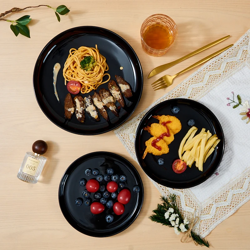 Velkoobchod moderních trvanlivých černých porcelánových tácek na piknikové pokrmy a koláče, bezpečné pro potraviny, vhodné na oslavy, podporuje individuální úpravy