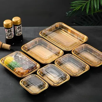 Disposable Plastic Sushi Tray with Transparent Lid Gold Black Bottom American Takeout Food Packaging Container