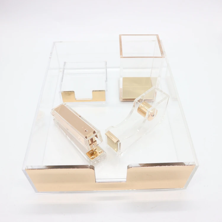 Clear Acrylic Rose Gold Stapler and Tape Dispenser Holder Set Dress Up Home, Office, School Desk Accessories Set of High End Luxury Staplers and Tape  Holders