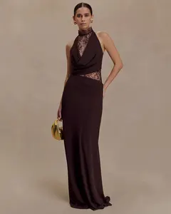 Lace Hollow Out Backless Sexy Maxi Dress Women Gown Elegant Sleeveless High Waist Ruched Bodycon Club Party Long Dress