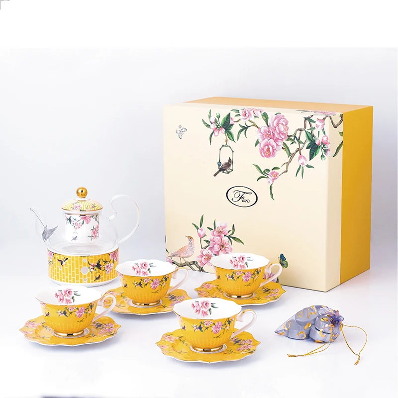 Exquisite floral design Classical ceramic porcelain tea set coffee tea cup and saucer with tea pot drinkware Gift box supplier