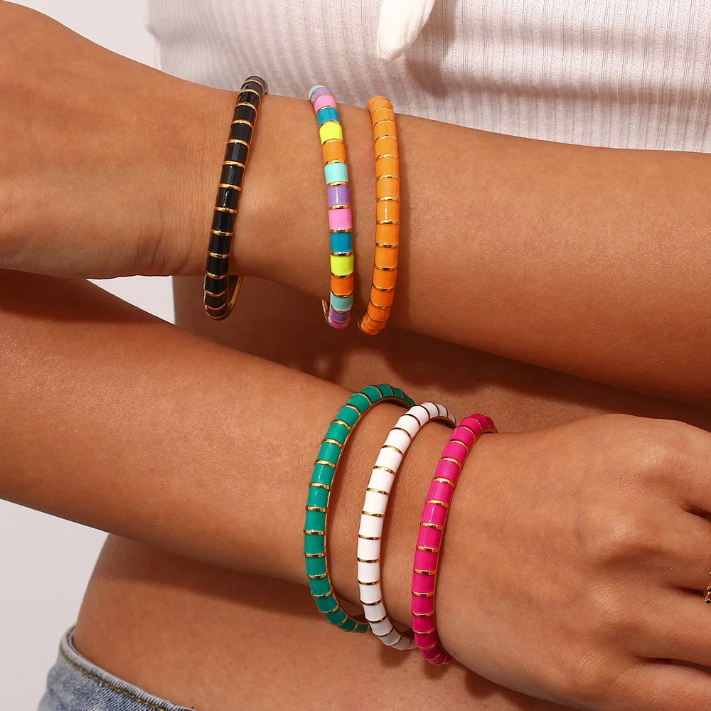 Colorful Enamel Open Design Fine Jewelry Bracelets Bangles for Girls 18k Gold Plated Stainless Steel Bangles for Women