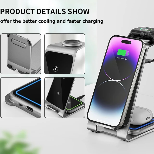 Oem Desk Portable Phone Wireless Charger 3in1 Qi 15w Fast Mobile Phone