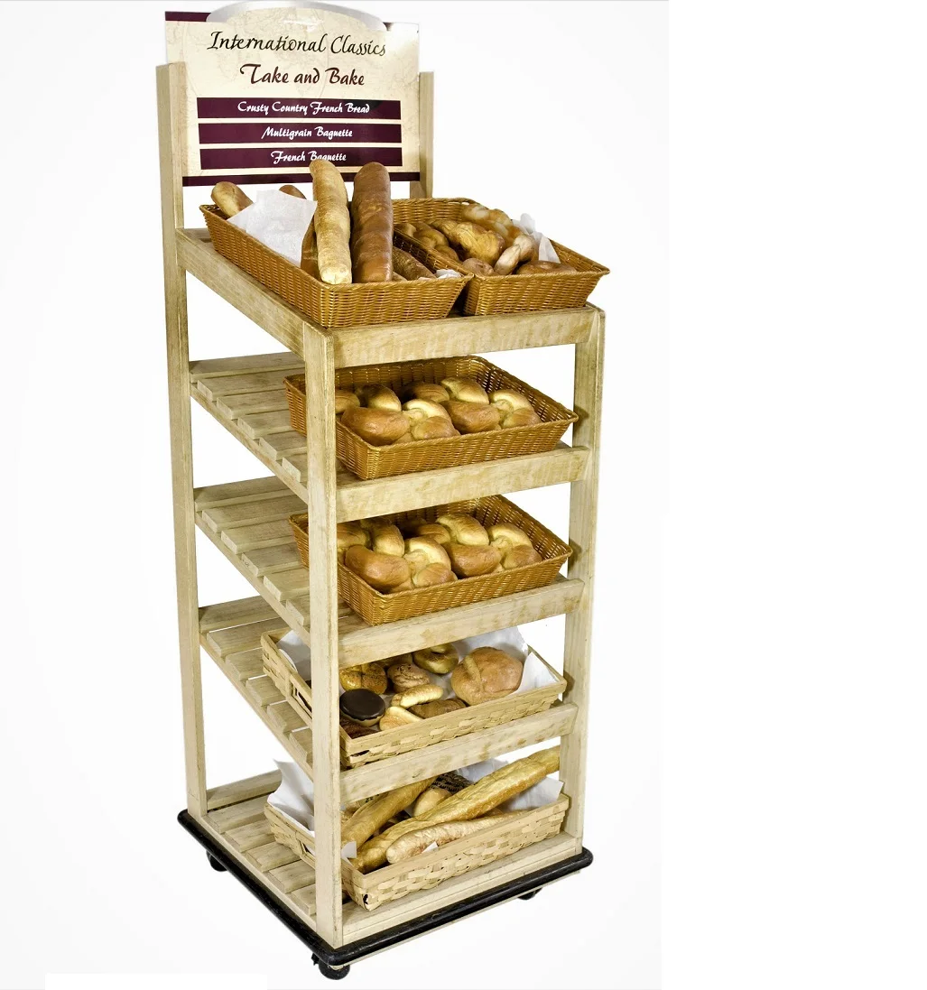 Floor Stand Bakery Display Racks Wood Supermarket Grocery Stand Bread Shelf