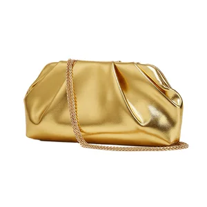 Wholesale Luxury Women's Gold PU Leather Clutch Bag with Chain Shoulder Strap Fashionable Wrinkled Cloud Design for Girls