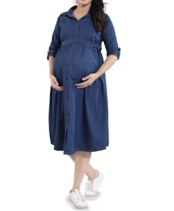 Women's Blue Wash Denim Dress Maternity/Feeding/Nursing Solid A-line Dress Fashion Shirt Long Midi Dress