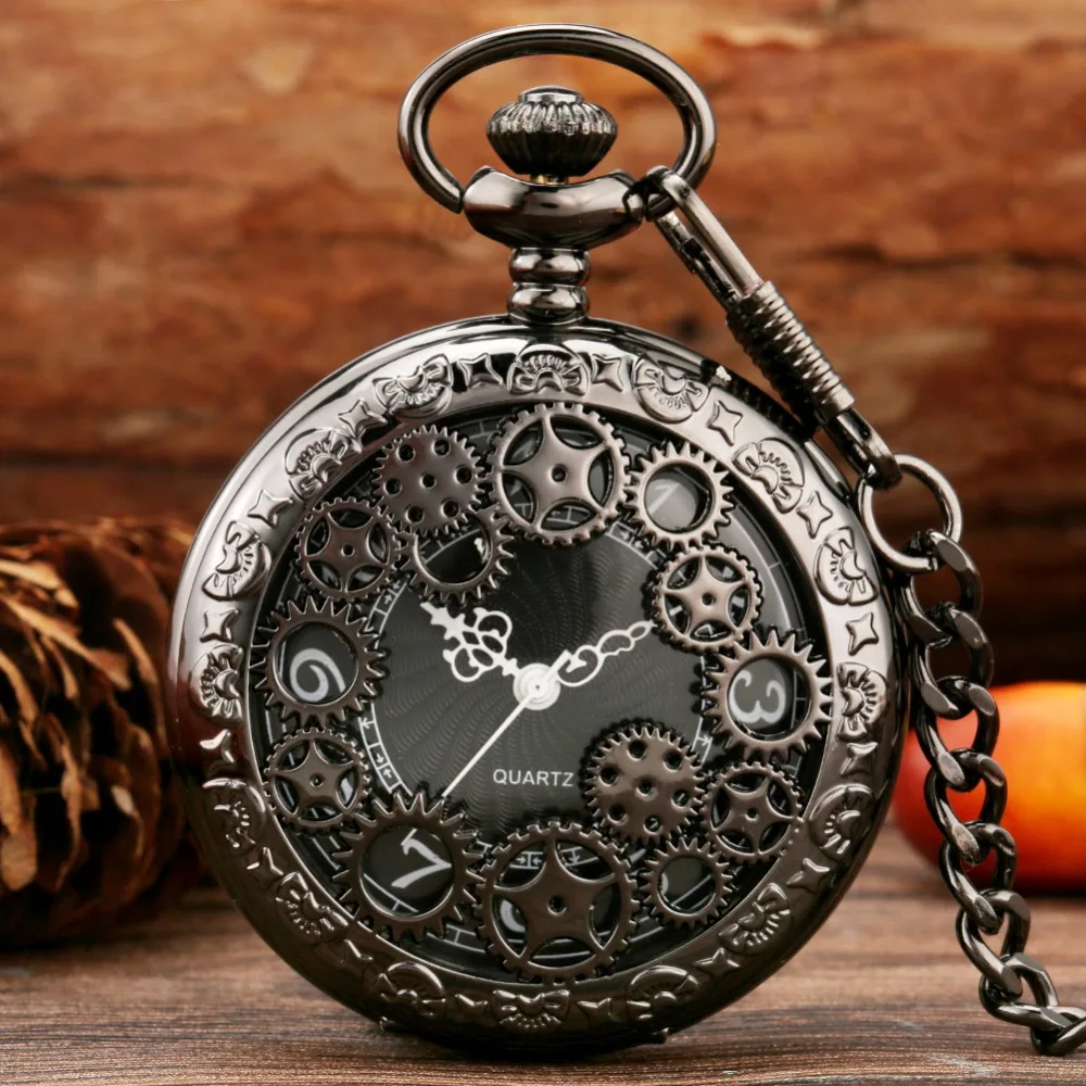 Luxury Silver Gear Hollow Quartz Pocket Watch Chain Watch Arabic Numerals  Display Watches Antique Clock Gifts for Men Women