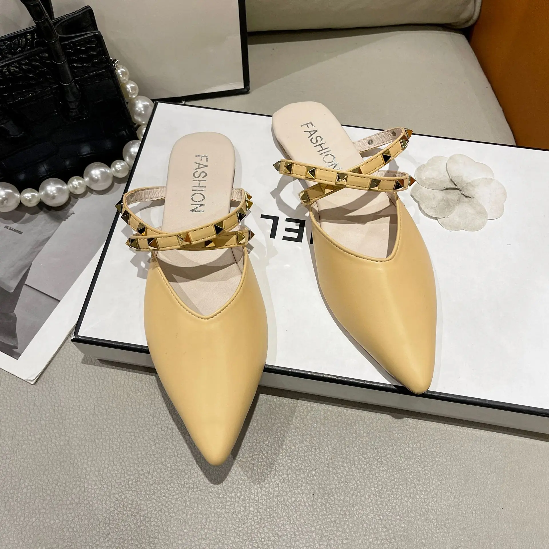 Pointed head flat with rivets large size half slippers summer new fashion slippers woman