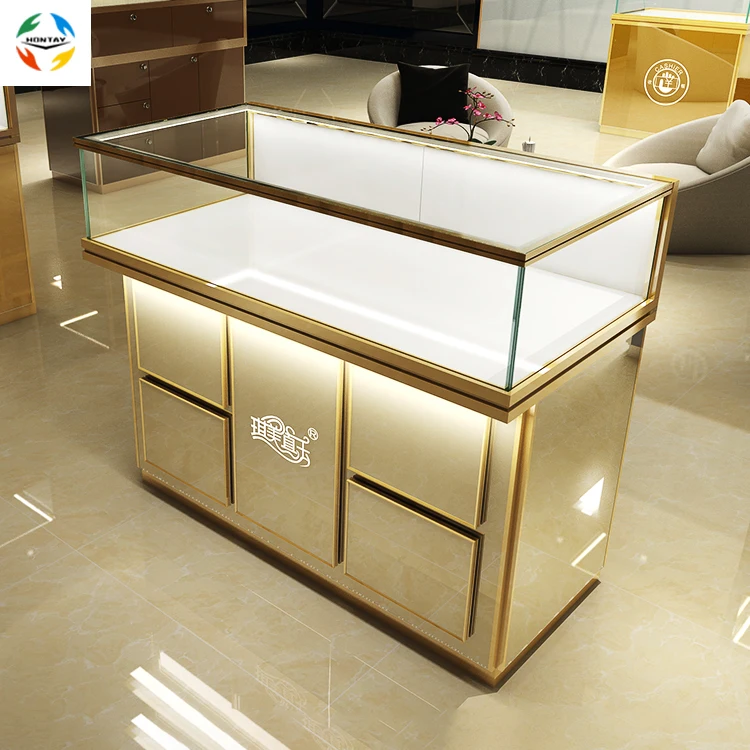 Fancy Solid Wood and Tempered Glass Jewelry Store Display Counter Low Price  Interior Design Jewel Store Table