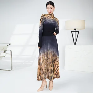 Women's Fashion Two-Piece Set Long Sleeve Pleated Shirt With Turtleneck and Leopard Print Polyester Skirt With Elastic Waist