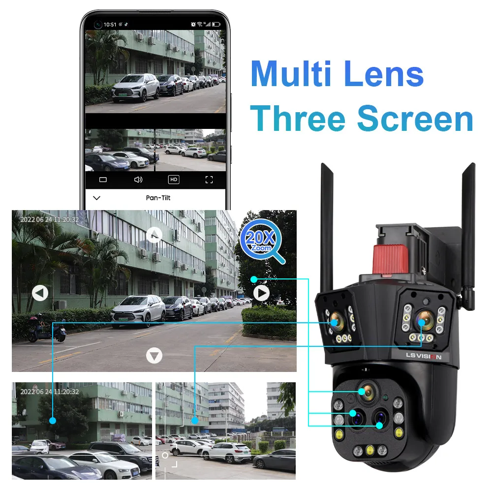 LS VISION 10K 20MP Five Lens 20X Zoom WiFi IP Camera Three Screen Auto Tracking PTZ Cam 360 Outdoor Surveillance Security Camera