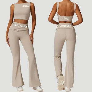 Hot Sale Fitness Tank Top and Drawstring Flared Pants Gym Yoga Set Clothing Streamline Fitness Sportswear Womens Sets