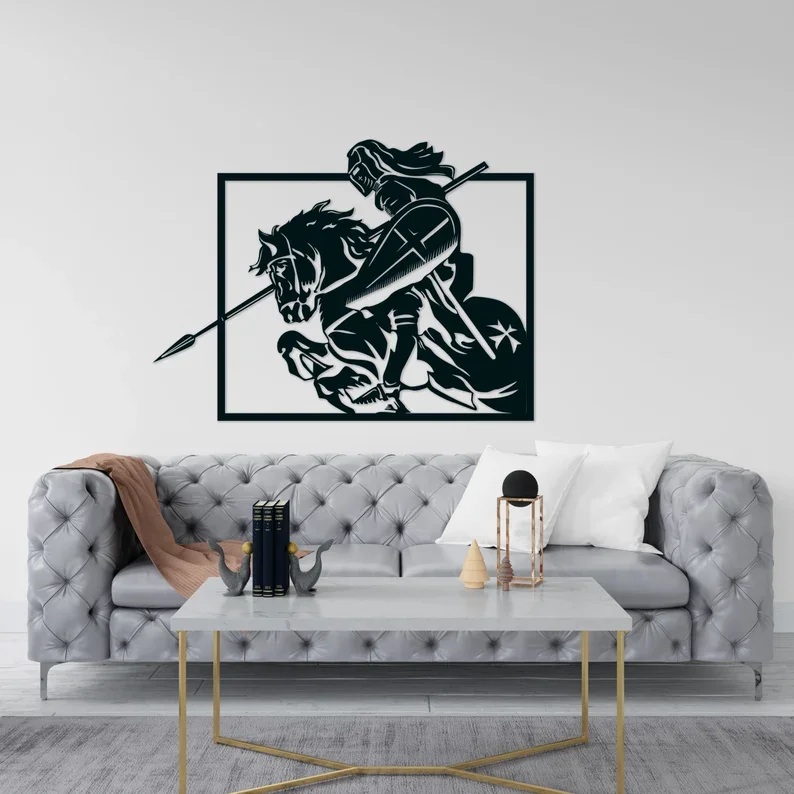 Templar Knight on Horse Art Deco Metal Wall Art Modern Design Stainless Steel Wall Hanging Gifts for History Lovers Home Decor