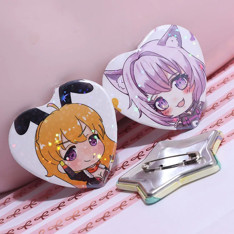Китайский производитель, Индивидуальные Аниме пуговицы, булавка, жестяной значок, сердце, звезда, стекло, голографическая жестяная пуговица, значок