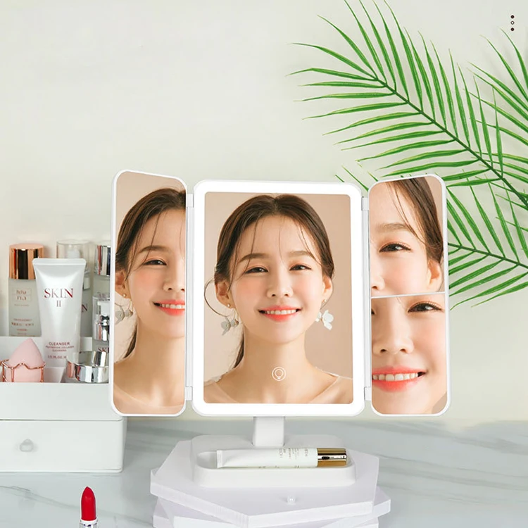 Factory Wholesale Folding 360 Degree Rectangle White Desktop Mirror Trifold Table Mirror Led Light up Mirror