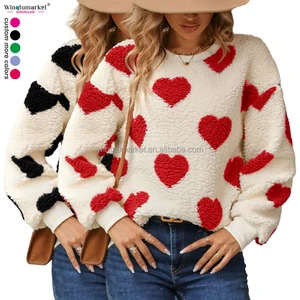 Wholesale Valentine Female Sweatshirts Heart love Teddy Sherpa Fleece Pullover Ribbed Crewneck Sweatshirt for Women