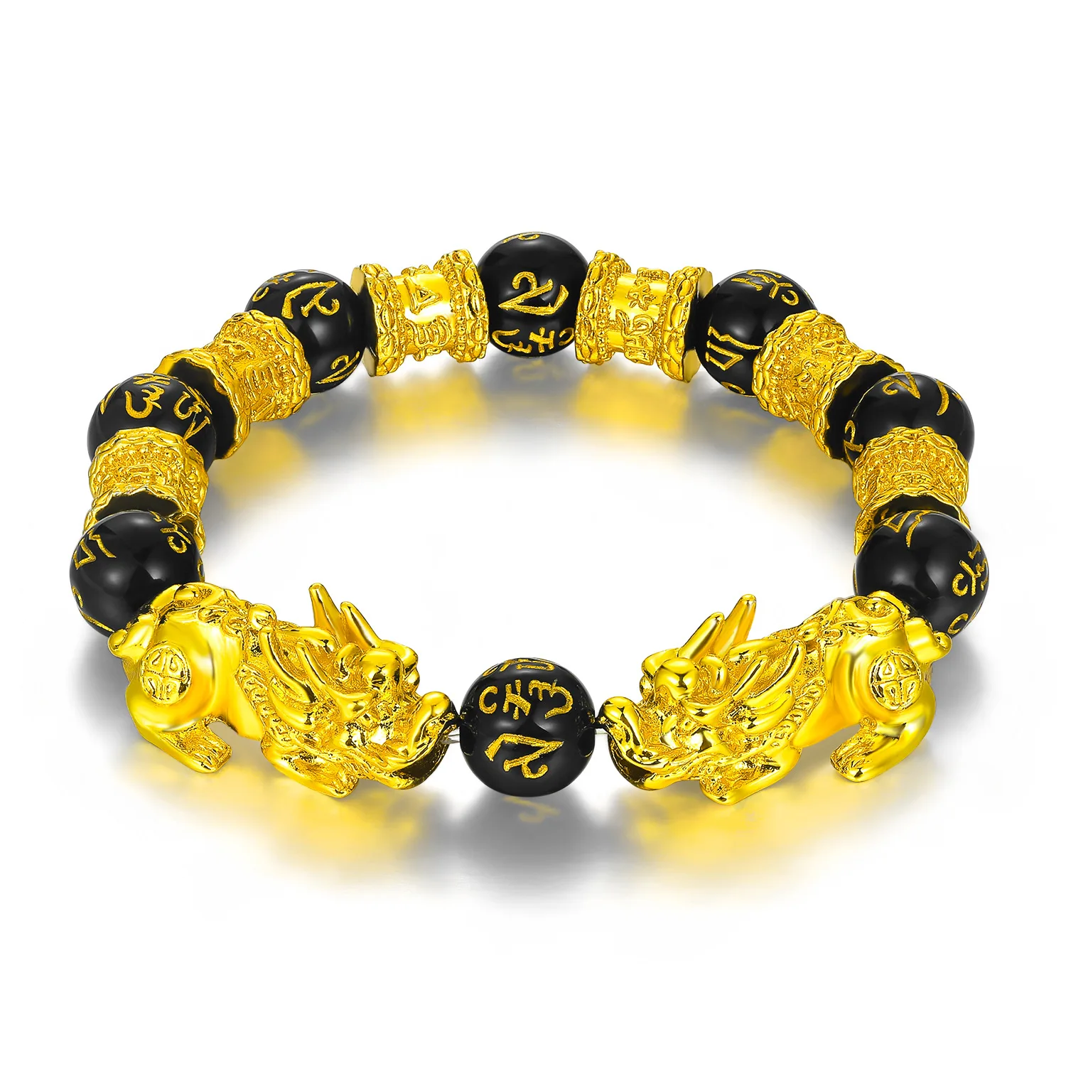 Feng Shui Black Obsidian Alloy Wealth Bracelet w/Golden Pixiu Lucky Jewelry Gift 