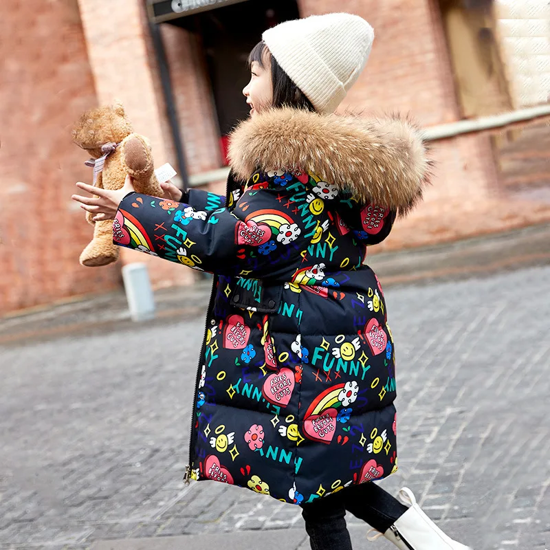 Girls' down Jacket Winter Warm Coat with Fox Fur Collar