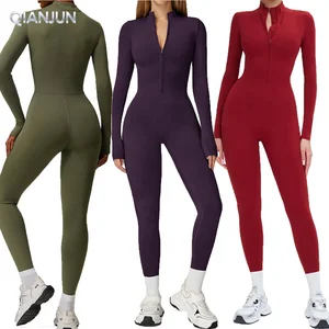 Autumn Winter Ladies Warm Yoga Sports Bodysuits One Piece Half Zipper Workout Compression Romper Gym Clothes