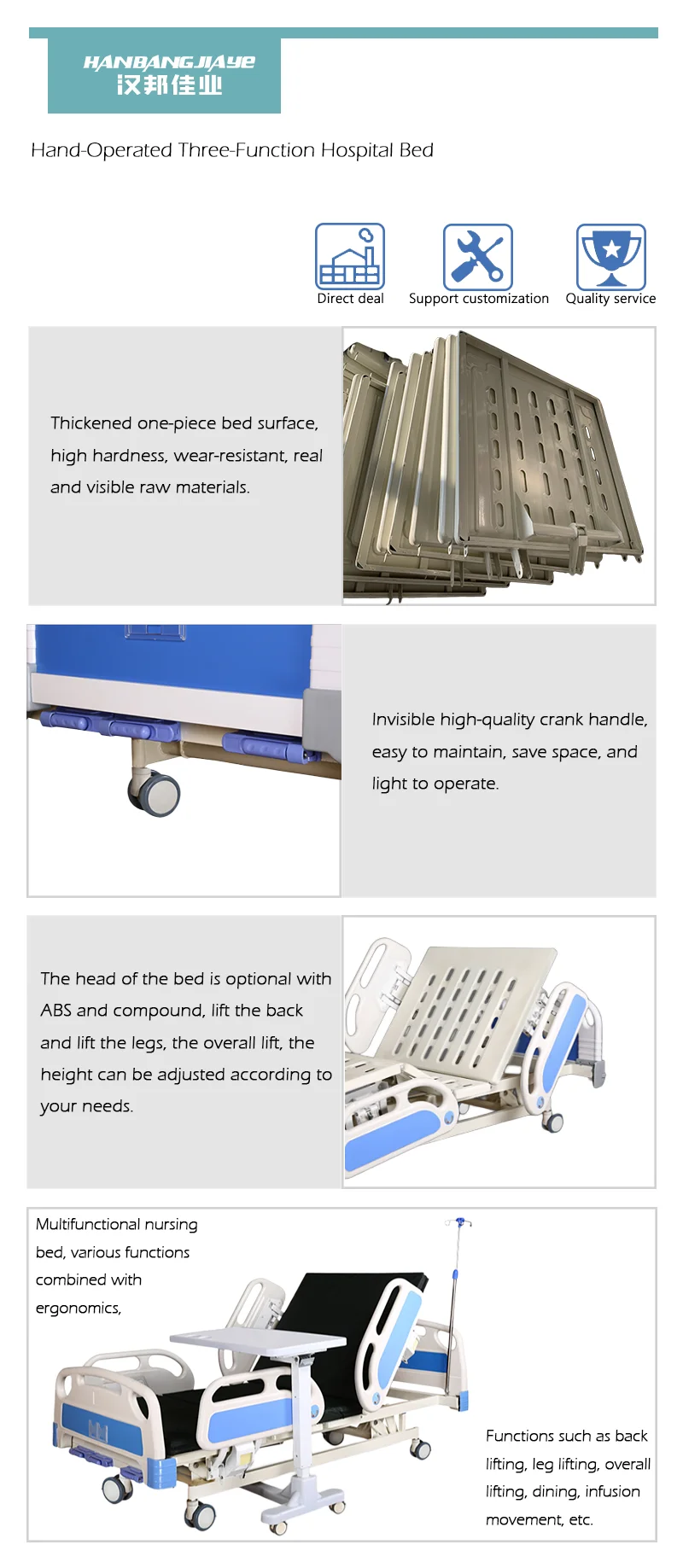Factory 3 Function Adjustable Patient Bed Stainless Steel Manual