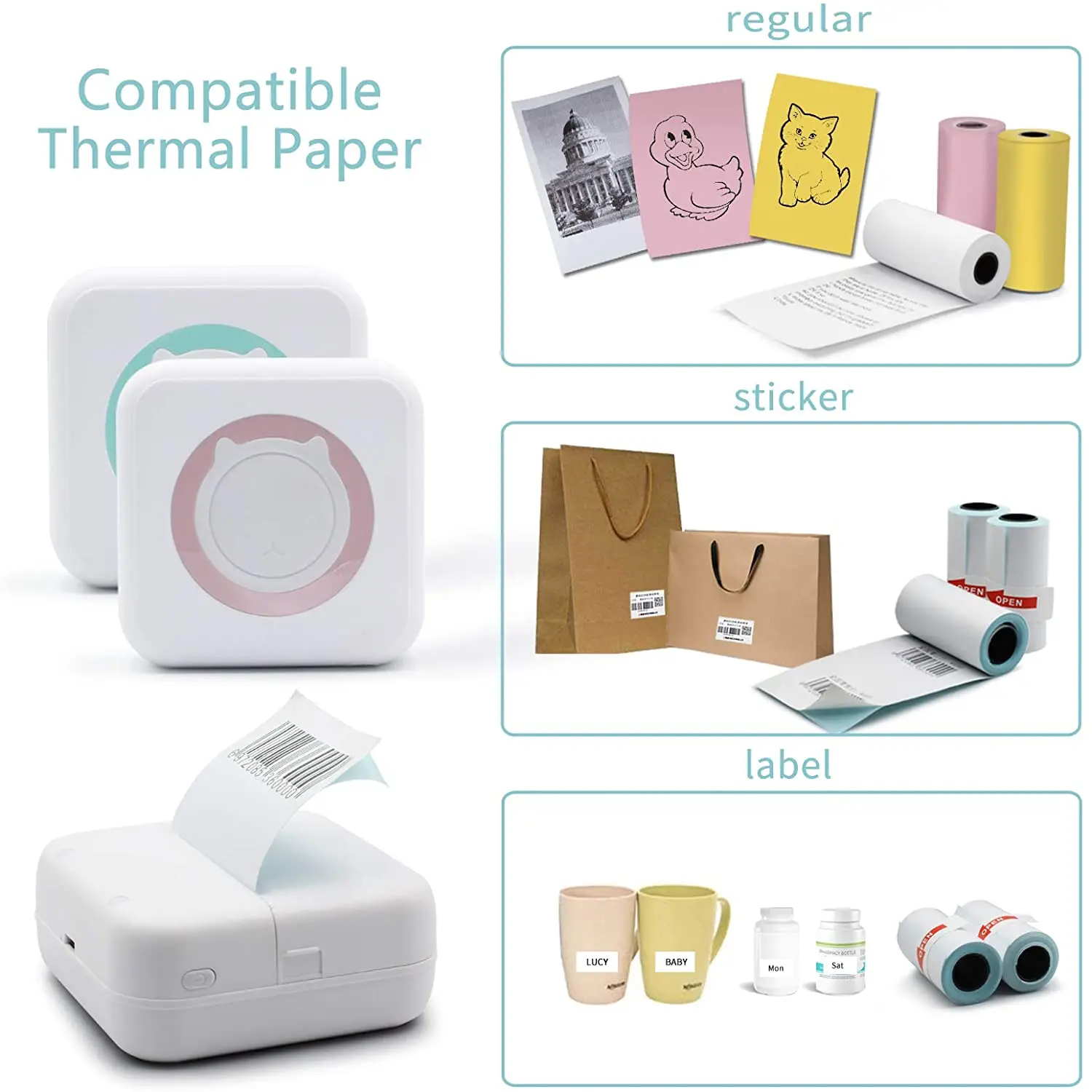 Mobile Mini Photo Printer Wireless BT Thermal Printer Pocket Label Printer