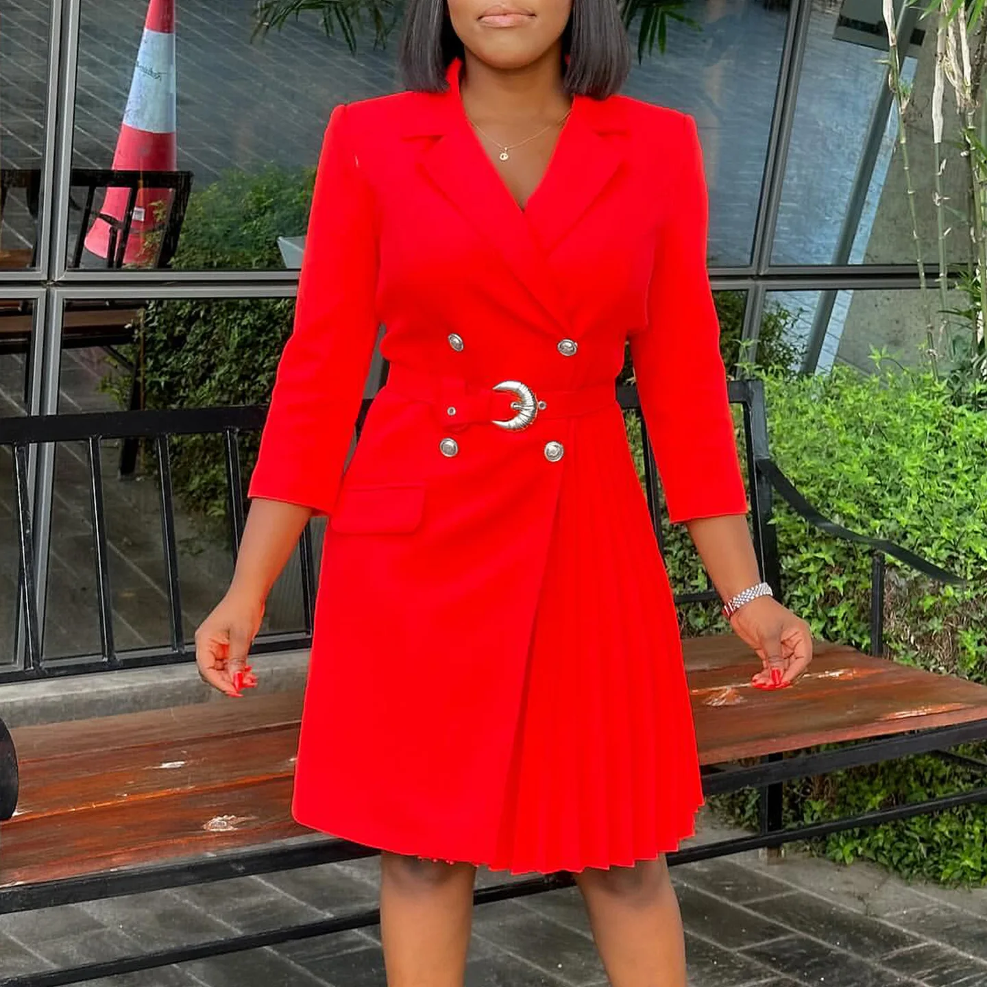 314 Elegant Suit Collar Dress Double-breasted Midi Skirt Casual - Main Image