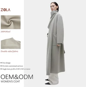 Women's Casual Wool Coat Long Length Winter Jacket with Breathable Solid Fabric Belt Decoration