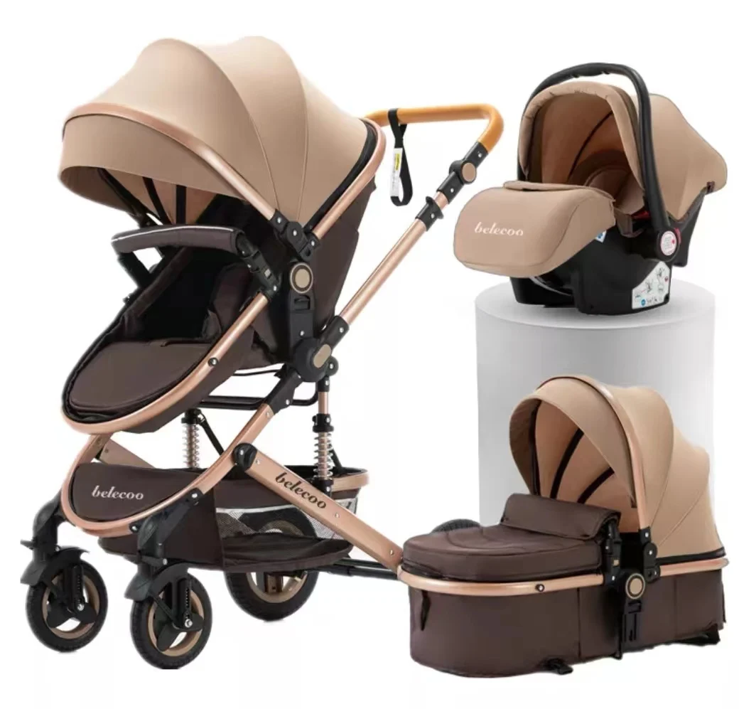 Luxury 3 in 1 Baby Pushchair Stroller with Linen Car Seat High Landscape Lightweight Foldable Pram