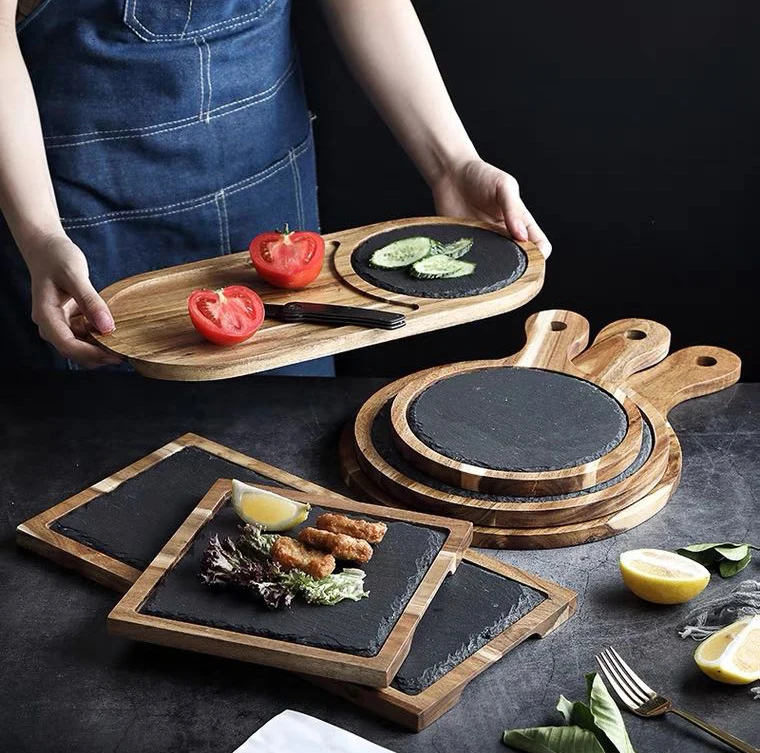 Steak Slate Plate - Acacia Wood - Stone - 3 Sizes Available