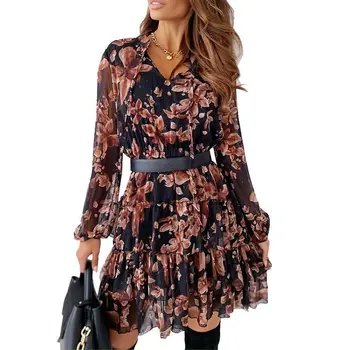 Vintage Floral Pleated Dress - Women's V-Neck Long Sleeve Casual Dress With Free Custom Neck Label