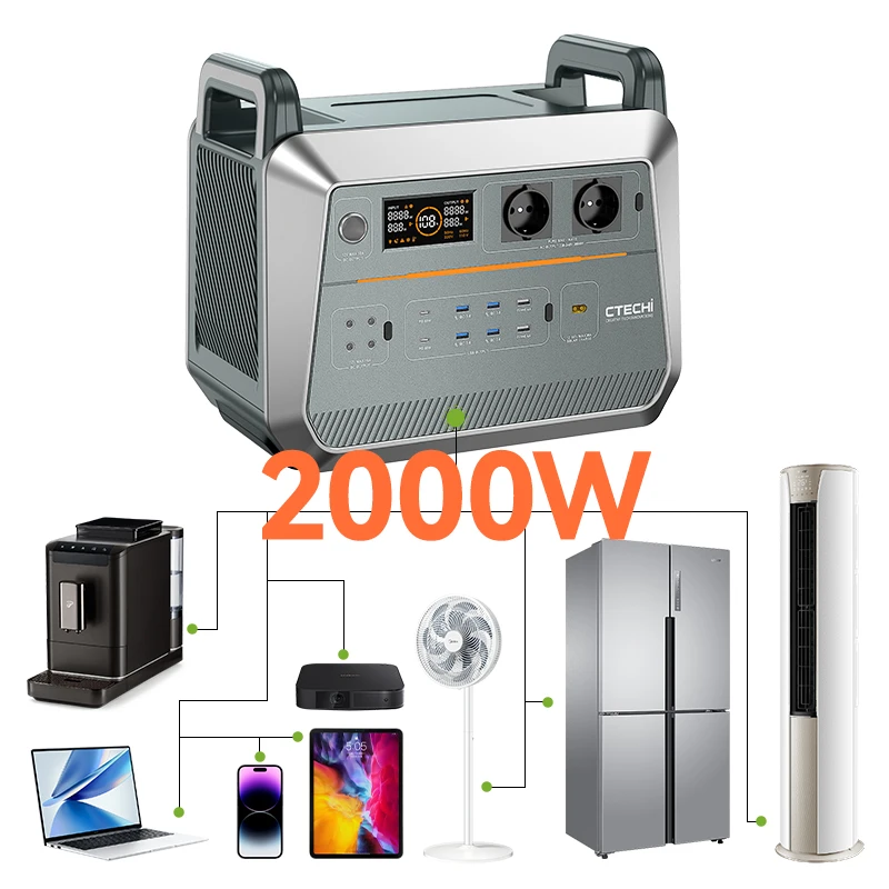 2000W Quick Charge LiFePO4 Solar Generator Air Conditioner Refrigerator Home Camping Portable Lithium 2kw Power Station