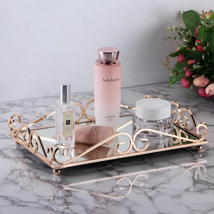 Glass Mirror Vanity Makeup Tray Ornate Jewelry Trinket Tray Organizer Cosmetic Perfume Tray Home Decor Dresser Bathroom Storage