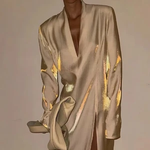 Fashionable Newest Laser Long-sleeve Slit Dress High Quality New Design Casual V-neck Loose Dresses