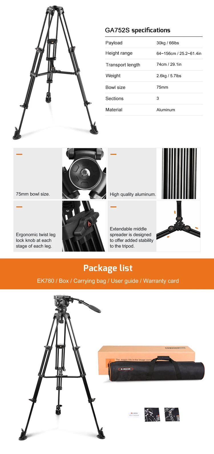 .E-IMAGE EK780 EK780 PLUS Tripod Aluminum Alloy Professional 75MM 100MM Ball Bow