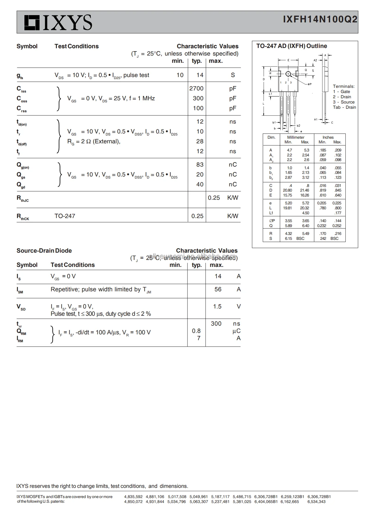 Hot sale original IXFH14N100Q2 Transistor N-Channel Enhancement Mode Avalanche Rated, Low Qg Low Rg High dv/dt