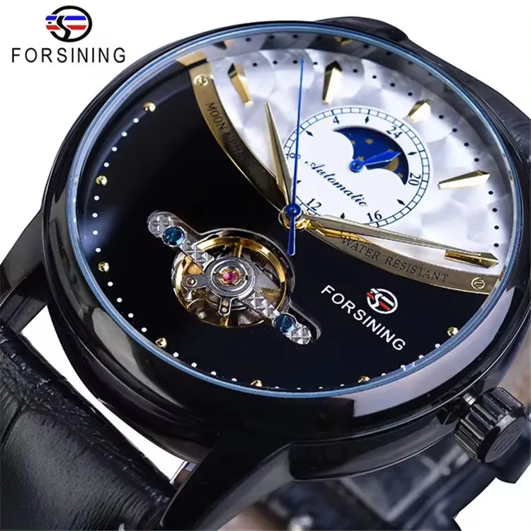 Forsining GMT1150 Moon Phase Automatic Watch Royal Men Waterproof Mechanical Wristwatch Casual Genuine Leather Tourbillon Clock