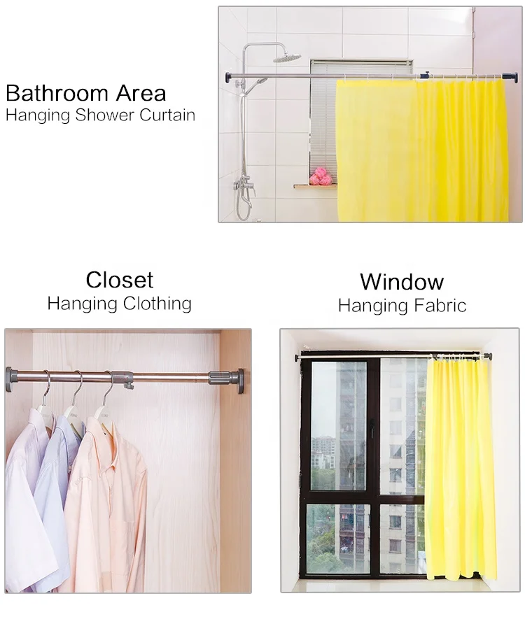 BAOYOUNI Tension Clothes Rod Adjustable Shower Curtain Rail Extendable Metal Closet Clothes Hanger Drying Rack for Bathroom Wardrobe Kitchen Laundry