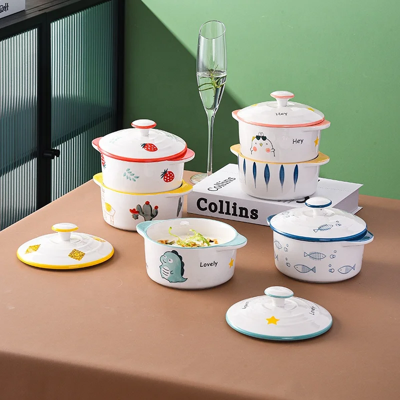 Creative Design Blue Leaf Pattern 600ml Big Bowl Ceramic Serving Bowls with Lids and Two Handles Soup Bowl