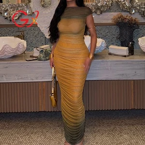 GX3520 Fashion 2026 Women Clothing Boutique Sleeveless O-neck Party Maxi Dress Sexy Evening Mesh Printed Unique Long Dresses